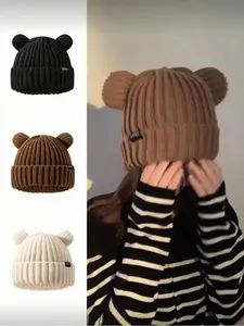 Viral Animal Ear!Cozy Letter Patch Knit Casual Hat, Cute Beanie Hat, Y2K Cottagecore Style, Bear Design for Women.Perfect Gift!Knitted Hat#CozyFashion