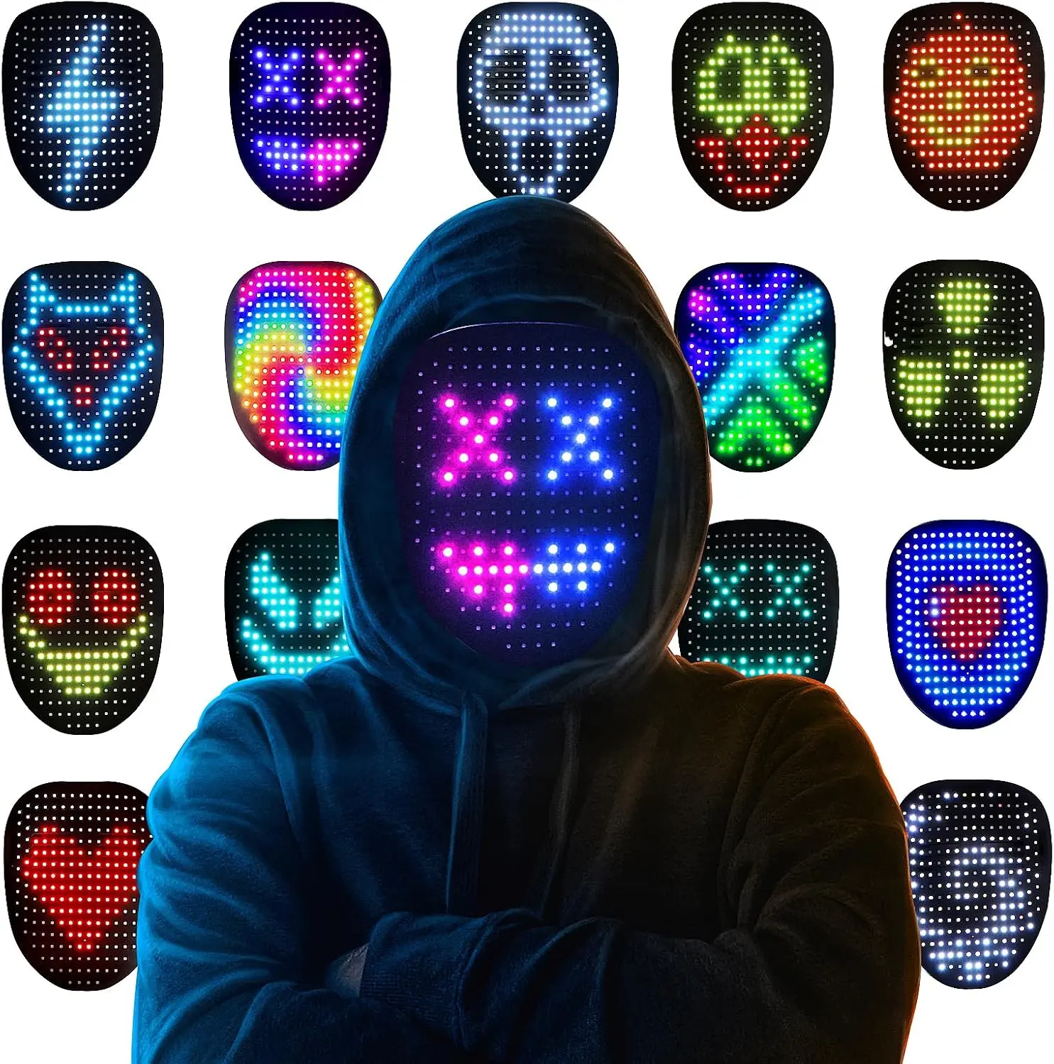 Led Mask Halloween Costume for Kids Adults, Face Transforming Light up Mask with Gesture Sensing, Cool Toys Great Gift for Birthday Costume Party ChristmasGift.