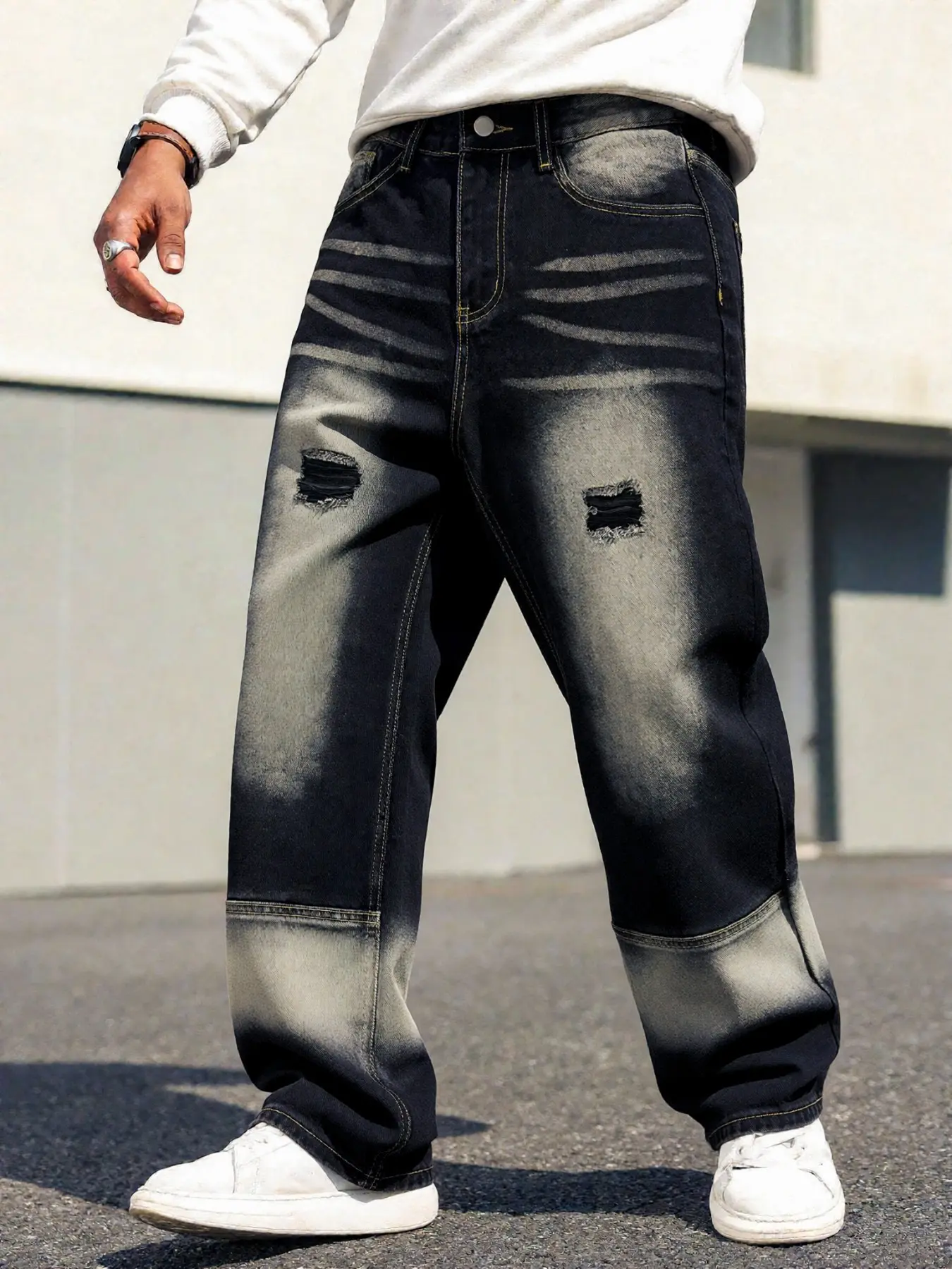 Men's Y2K Aesthetic Vintage Black Gradient Ripped Pocket Wide-Leg Denim Jeans, Fashion Casual Denim, Retro Distressed Casual Streetwear Four-Season, Hip-Hop Style Daily Wear, Ideal Gift for Boyfriend or Husband, Casual Denim Fit
