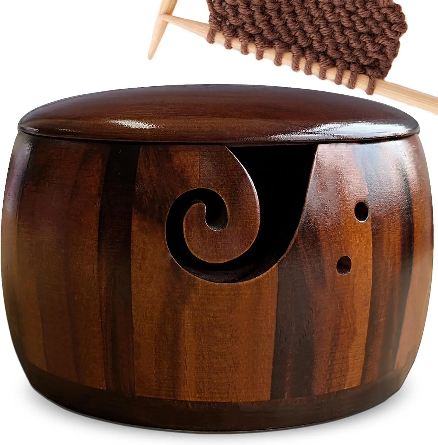 Wood Yarn Bowl with Lid, Crochet Bowls for Yarn,Knitting Yarn Bowl with Holes Storage,Yarn Holder Bowl for Crocheting and Knitting 7X4in,Knitting Bowl for Handmade Crocheting Accessories