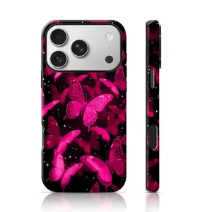 Neon Pink Butterfly Starry Night Phone Case for iPhone 17 Pro Max/16 Pro Max /15Pro Max 15/14/13/12 & Samsung S25 Ultra All Models, Double-Layer TPU Shockproof Protective Cover (Y2K Edgy Cute Print)
