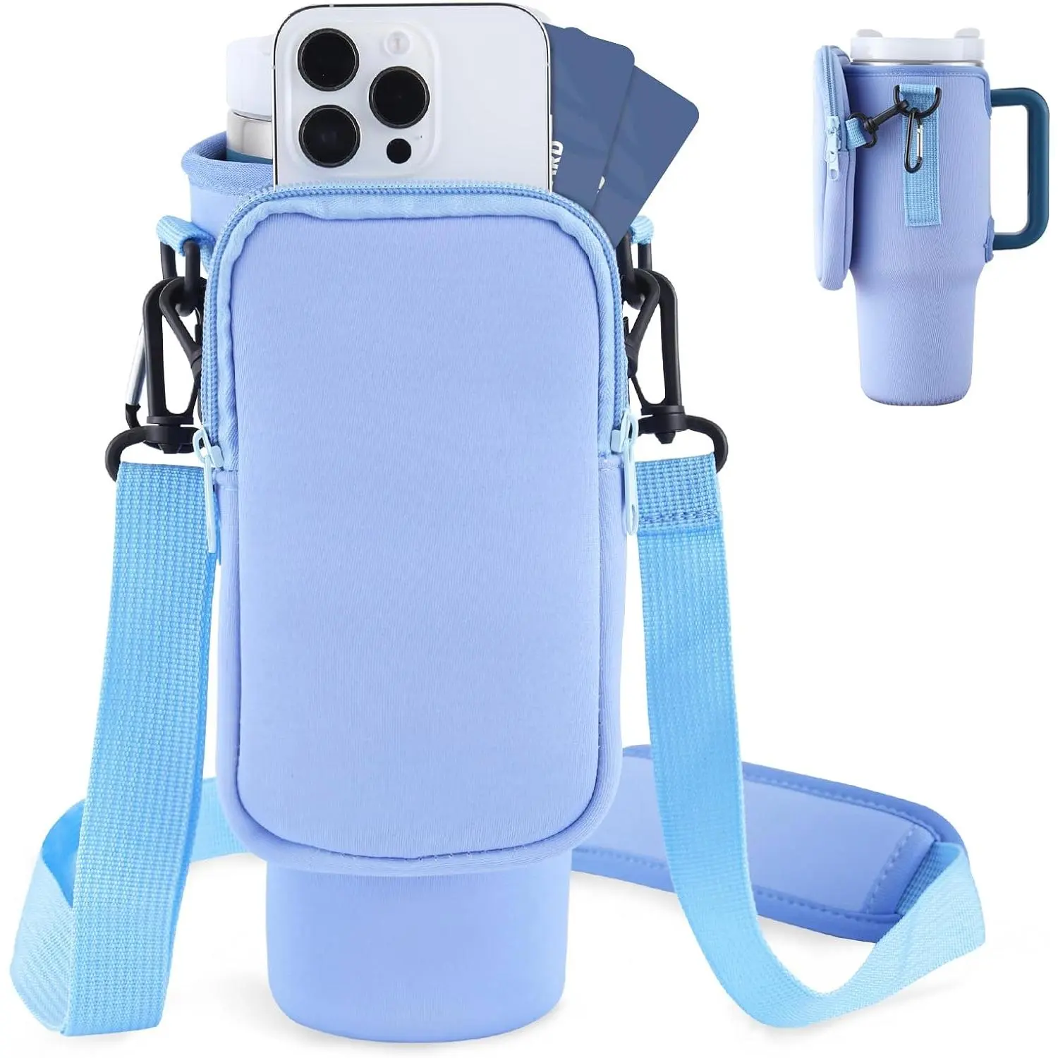 Adjustable Crossbody Tumbler Holder with Phone Pocket - Hands-Free Water Bottle Carrier Bag with Zipper Pouch for 30-40oz Stanley Cup, Gym Walking Travel Accessories for Women