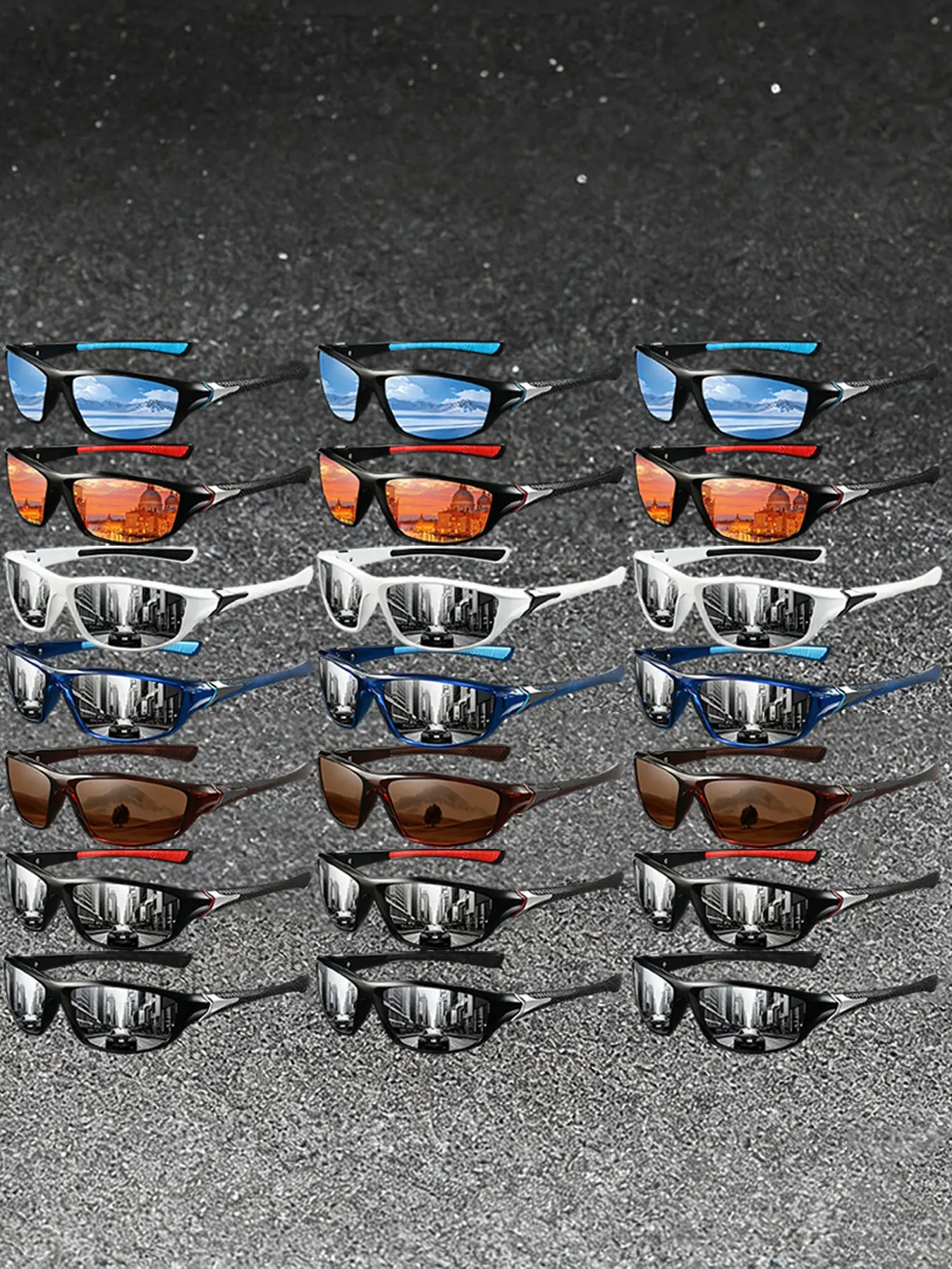 21 pairs of spliced model square sports glasses,available in multiple colors,adopt anti slip rubber nose pads to enhance wearing comfort.suitable for both men and women,ideal choice for travel, fishing,cycling,beaches,and various outdoor activities