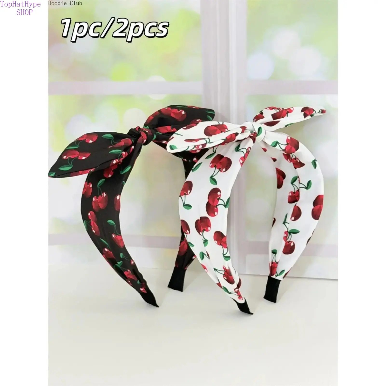 Soft Fabric Headband with Cherry Print Bunny Ears for Women, Secure Fit for Daily Wear, Any Activity & High Foreheads, Cherry Print Design, Fun Element, One Size