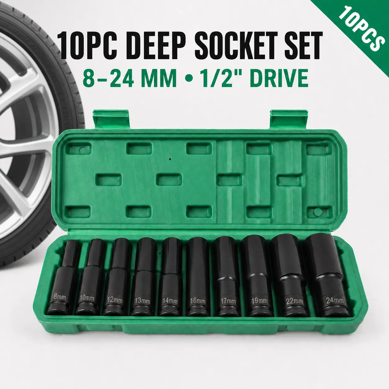10-Piece 1/2" Drive Deep Metric Impact Socket Set (8-24mm), Heavy-Duty Steel Thin Wall Power Sleeve & Mechanics Tool Kit with Plastic Storage Case for Automotive Tire Repair