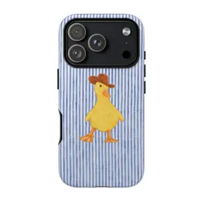 Cowboy Duck iPhone Case, Cute Western Duck Phone Cover, Aesthetic Blue Stripe Design, Compatible with iPhone 17 16 15 14 13 12 11 Pro Max Plus Air