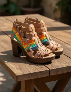 Women's heeled sandals, handmade in Mexican leather, model 353. Open toe and ankle strap. Genuine leather upper. Comfortable. Ethically made in Mexico. Ideal for walking.