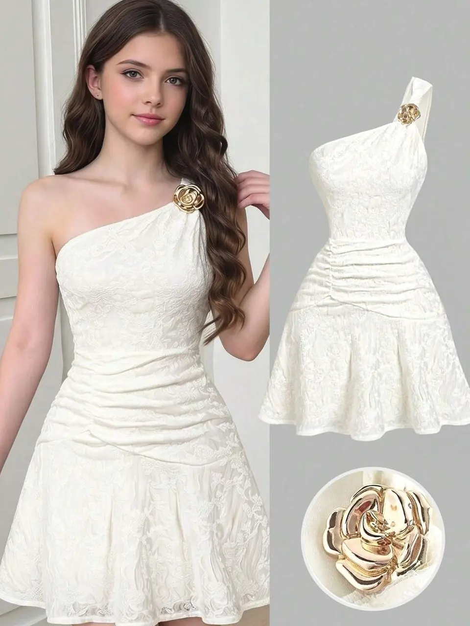 Teen Girls Elegant Apricot Knit One-Shoulder Ruffle Hem Dress, Jacquard Metal Button Party Outfit