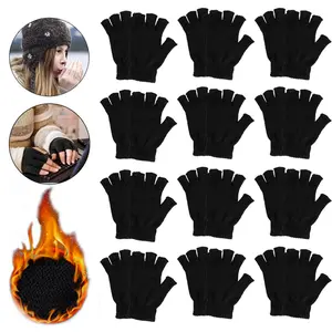 Black Winter Half Finger Gloves Unisex Fingerless Gloves Knitted Solid Typing Warm Stretchy Gloves for Men Women