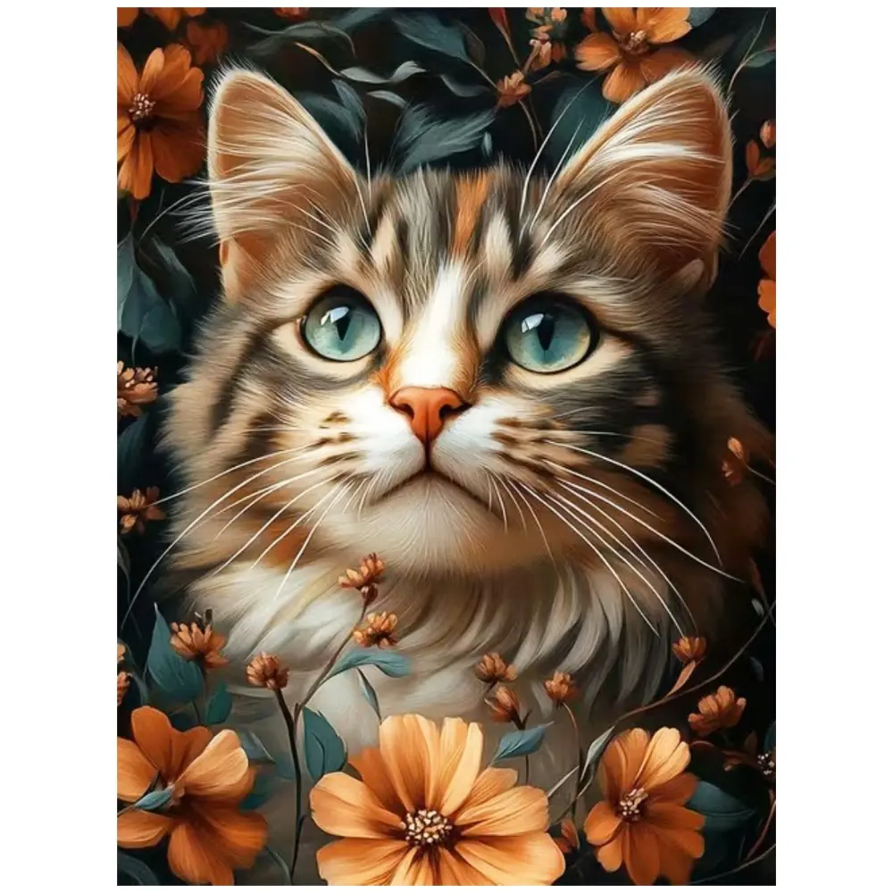 Multiple sizes available including square diamonds, 5D DIY diamond painting kit, diamond art embroidery, handmade furniture decor, holiday birthday art, personalized gift, Handmade Gifts, Tabby cat with orange flowers wall art Diamond Painting Kits