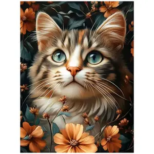 Multiple sizes available including square diamonds, 5D DIY diamond painting kit, diamond art embroidery, handmade furniture decor, holiday birthday art, personalized gift, Handmade Gifts, Tabby cat with orange flowers wall art Diamond Painting Kits
