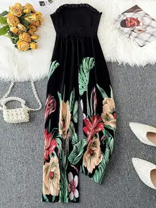 Plus Size Women's Floral Design Woven One-Piece Jumpsuit, Comfortable Casual Elegant Style, High-Legging Fitted Bodycon Romper for Spring & Fall