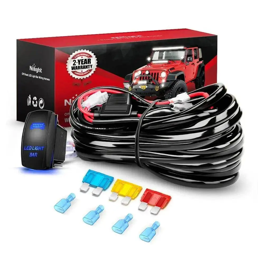 Nilight Automotive Wiring Harness Kit - 1 x Kit, 10 ft 14AWG Waterproof 2-Lead Wire, 12V 5-Pin Durable Rocker Switch, 12V 20A/24V 10A DC, 25A Power Control, 3 Fuses, 4 Spade Connectors, Dual Output Power Relay, 300W, ABS+PC Construction, 1 x Instructions