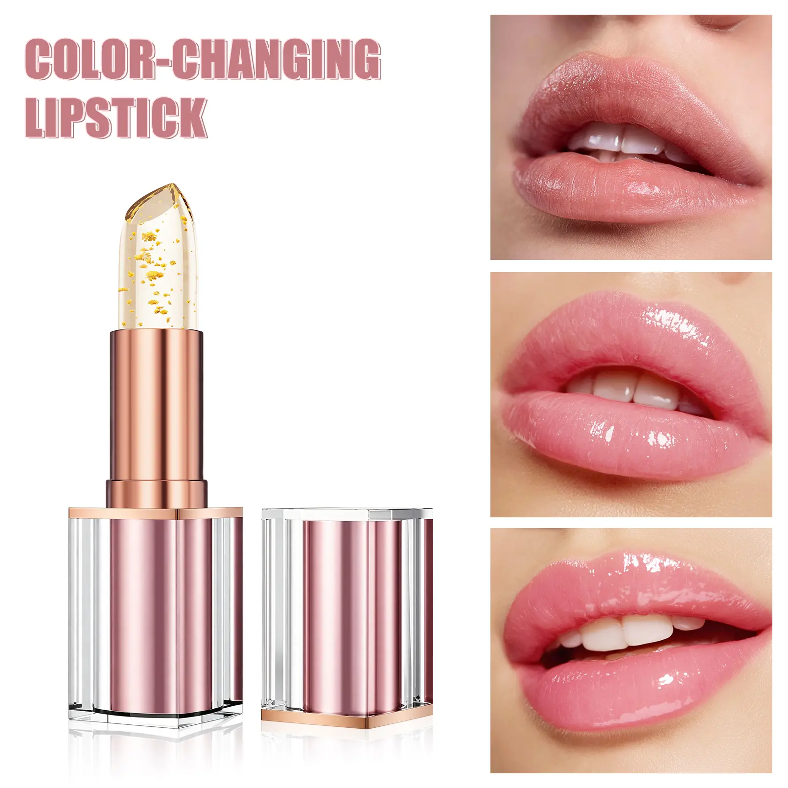 Gold Leaf Color Changing Lip Balm, pH Moisturizing Lipstick for Women, Temperature Activated Natural Pink Lip Tint, Hydrating Glossy Lip Care, Long Lasting Lightweight Lip Makeup, Portable Lipstick Gift for Daily Beauty Routine