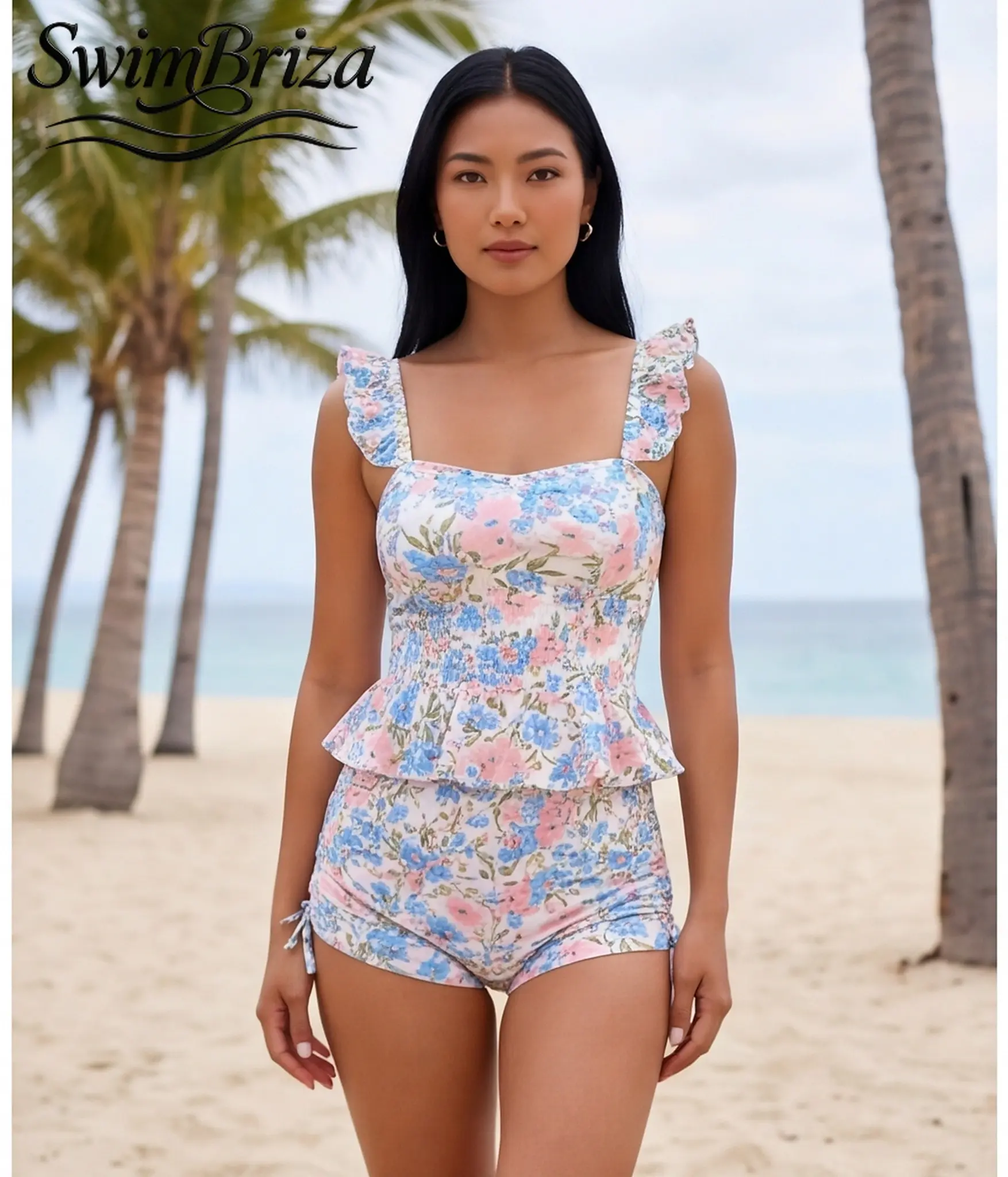 Briza｜White Floral Print Tankini Swimsuits for Women Tummy Control Two Piece Bathing Suit with Shorts, Ruffle Peplum Tankini Set, Modest Swimwear for Summer Beach Pool Vacation, Women's Swimwear, Bathing Suit for Women, Tankini Swimsuit Set