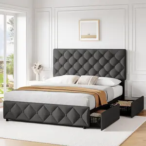 【Christmas Gift】Full Size Bed Frame with 4 Storage Drawers and Adjustable Headboard Linen Upholstered Platform Bed Frame Diamond Stitched Button Tufted No Box Spring Needed Dark Grey