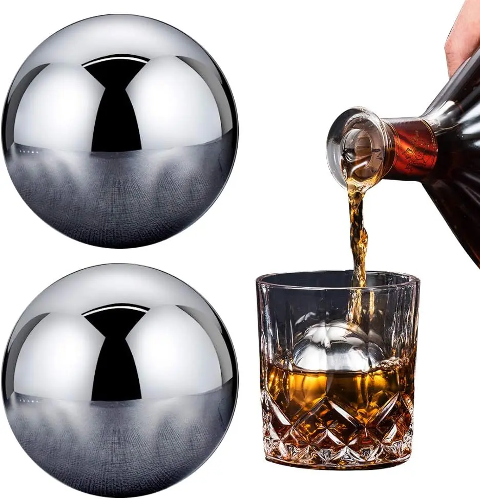 2 Pcs Large Round Whiskey Stones Spherical Reusable Stainless Steel Ice Cubes Golf Ball Whiskey Stones Balls Metal Ice Balls Gift Set for Red Wine Scotch Whiskey Bar Beer outdoor fun Classic
