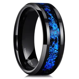 King Will Nature Mens 8mm Black Tungsten Carbide Wedding Ring with Blue Foils Inlay Beveled Edge