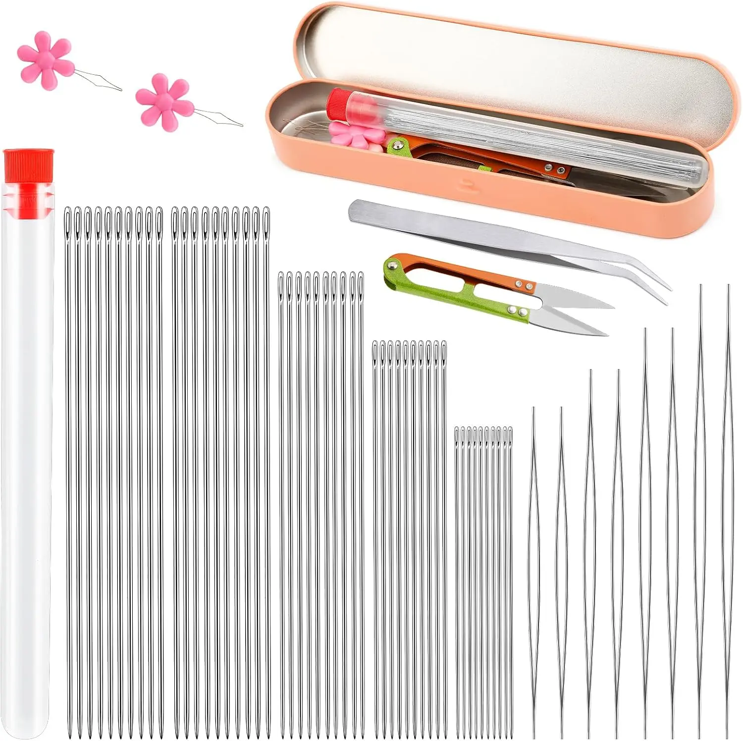 58 Pcs Beading Needles, Big Eye Ultra-Thin Steel Seed Bead Needles, Long Straight Bead Needle Flexible Eye Needle for Jewelry Making, Embroidery and DIY Crafts