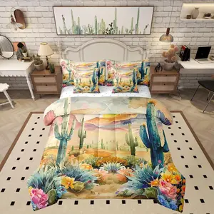 Watercolor Desert Bed Sets,7 Pieces Green Cactus Plant Comforter Set for Boys Girls,Southwest Style SunSet,Bedding Set