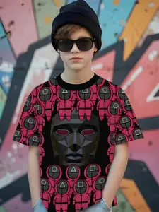 Squid Game Mask T-Shirt, Casual Short Sleeve Top, Comfortable Outdoor Sports Wear, Random Print, Fitted Style