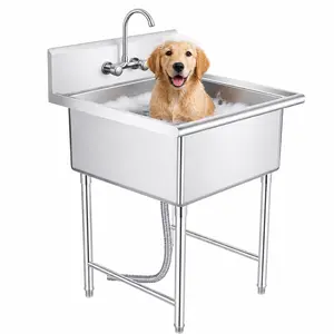 Stainless Steel Utility Sink, 27-Inch Large Commercial Standing Dishwashing Sink with Hot and Cold Dual-Control 360° Swivel Faucet, 27.56" W x 11.81" D x 35" H, Suitable for Kitchen, Garage, Laundry Room, Pet Cleaning, and Outdoor Use