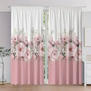 2pcs, Polyester Material, High Definition Digital Print Floral Pattern, Light Filtering Curtain, Suitable for Bedroom, Living Room, Office and Home Decoration, Pole Pocket Design, Suitable for Pole Installation