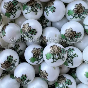 20mm Saint Patrick Print Acrylic Bead, Cheetah Lucky Clover, Clover, Rainbow, Bubblegum, Chunky Round, Gumball, Beading Supplies