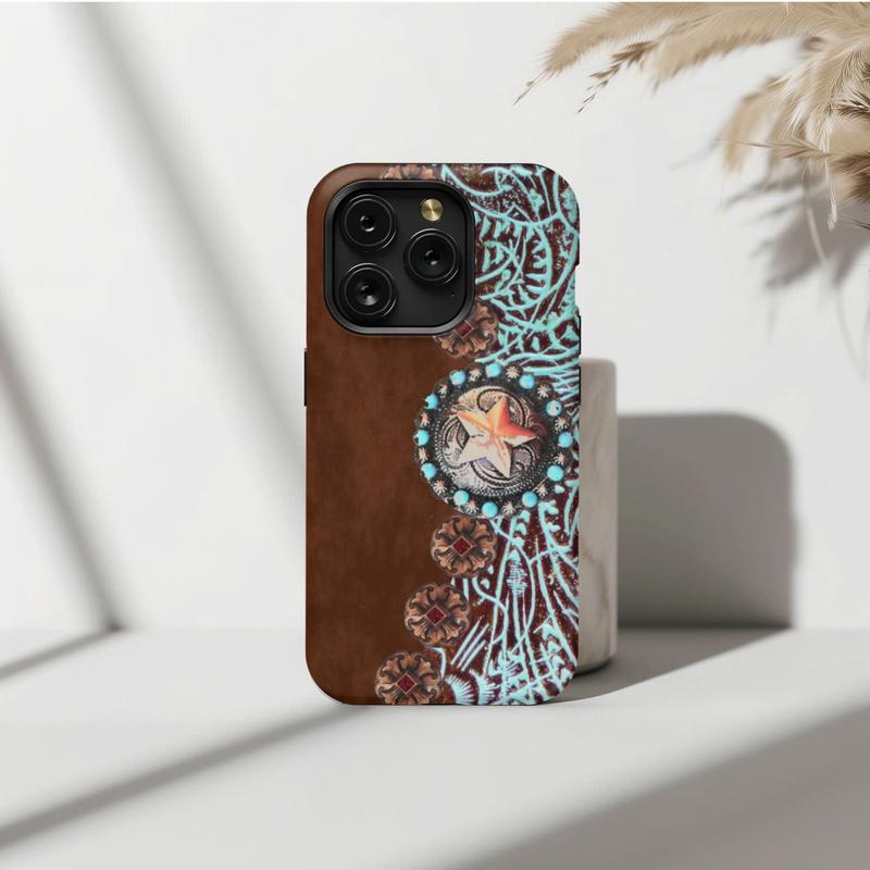 Turquoise Western Phone Case |   Rustic Concho Aesthetic Cover for IP Phone 17 16 15 14 13 12 11 Pro Max Plus SE X XR XS Compatible with Samsung Galaxy S25