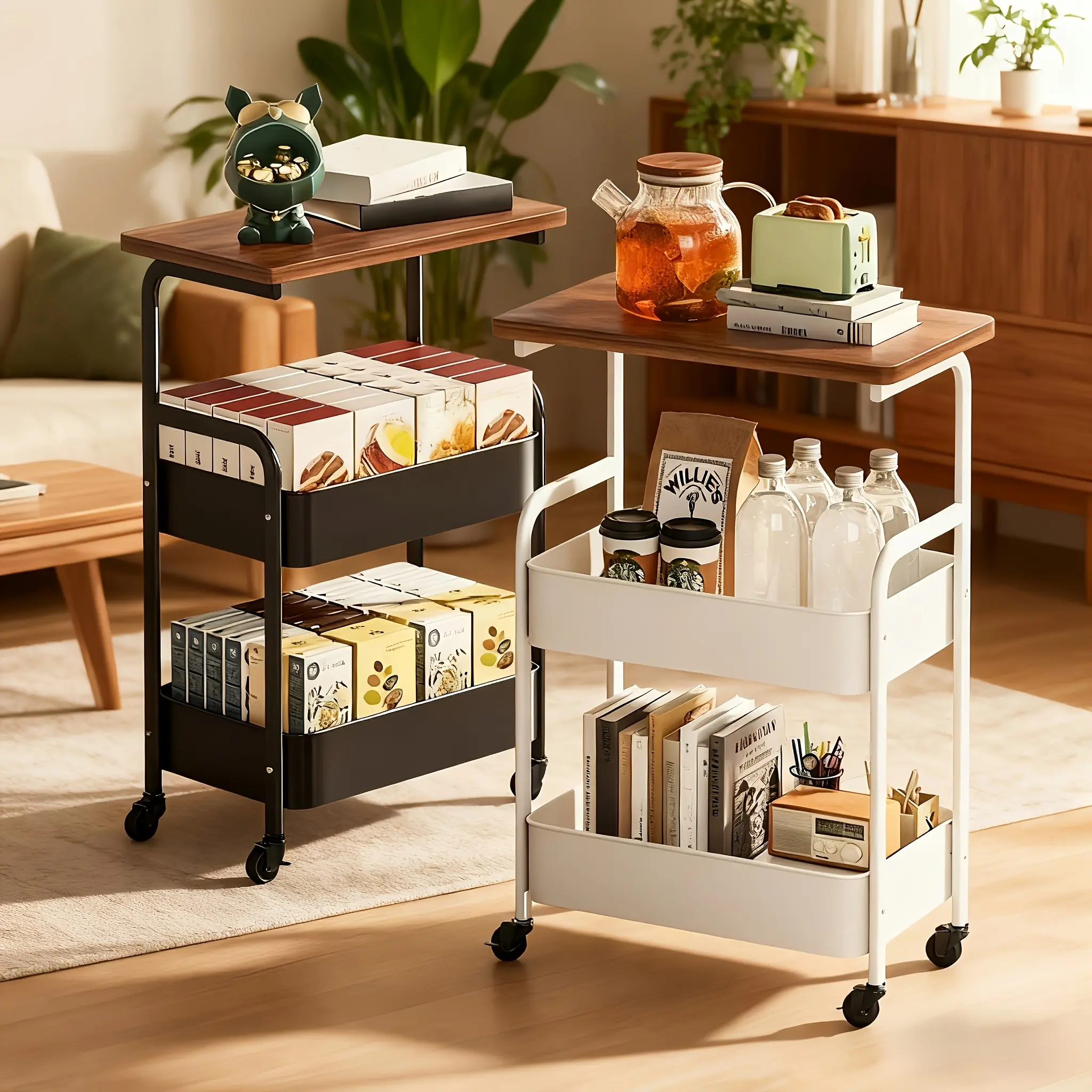 3-Tier Rolling Carbon Steel Kitchen Storage Rack - Multi-Functional Metal Shelves, Portable Wheels, Durable Frame for Home Kitchen Use Organiser