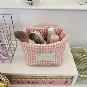 1pc Classic Checkered Heart Pattern Storage Basket, Foldable Open-Top Quilted Barrel-Shaped Organizer, Multi-Scene Desktop Storage Basket Suitable for Office Dormitory, Shelf Baskets
