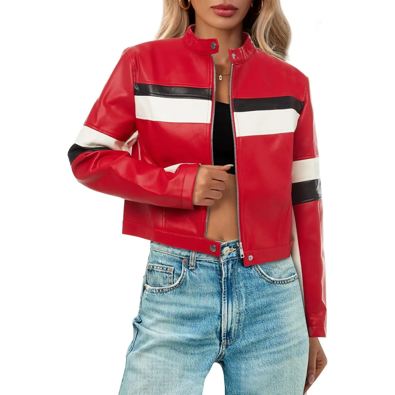 Lannew Womens Cropped Moto Biker Jackets Faux Leather Bomber Jacket Color Block Vintage Racing Coats