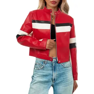 Lannew Womens Cropped Moto Biker Jackets Faux Leather Bomber Jacket Color Block Vintage Racing Coats