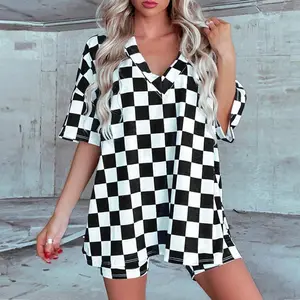 Black Checkerboard Print V Neck Loose Tee and Shorts Lounge Set??gift??
