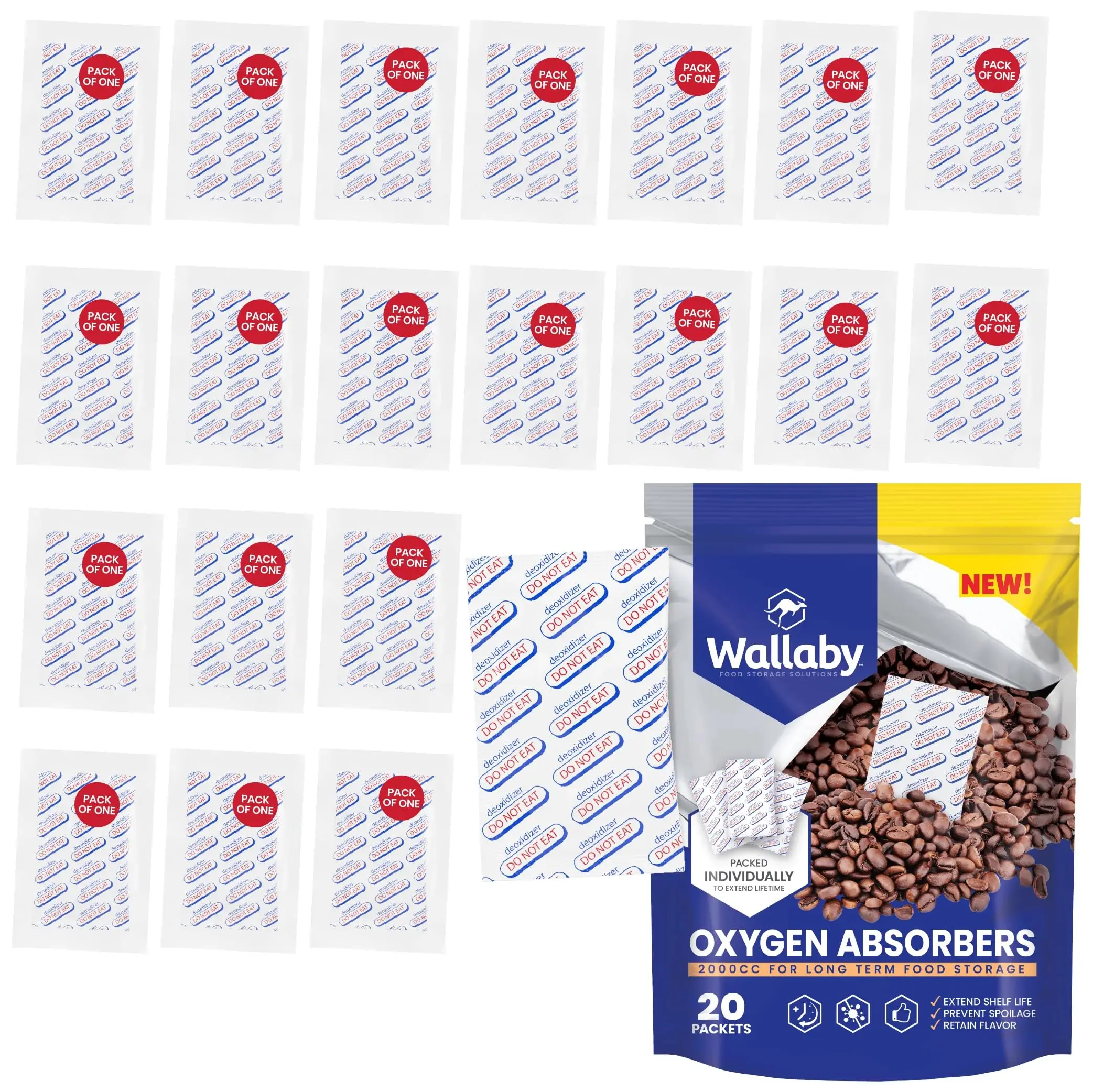 Wallaby 2000cc Oxygen Absorber Packets (20 Count) for Airtight Gal Resealing & Sealed-Type Mylar Storage Bags, Long-Term Food Storage