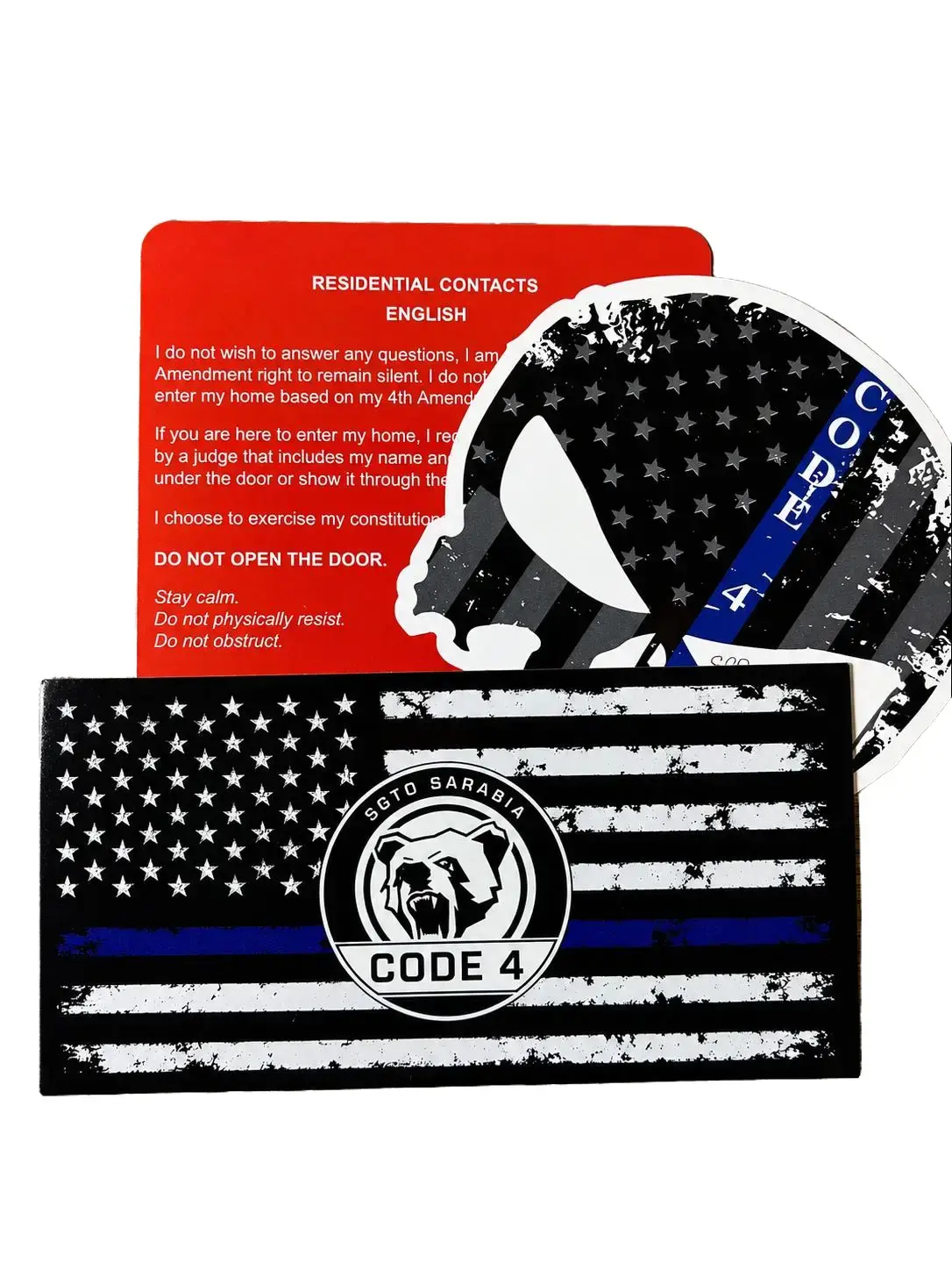 Sgto Sarabia Thin Blue Line Code 4 Decal Bundle – Waterproof Police Support Flag Stickers with Skull Decal & Free Red Card