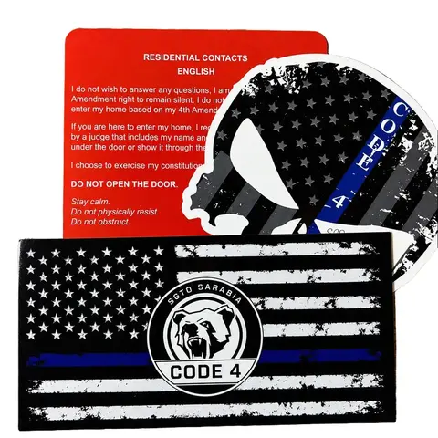Sgto Sarabia Thin Blue Line Code 4 Decal Bundle – Waterproof Police Support Flag Stickers with Skull Decal & Free Red Card