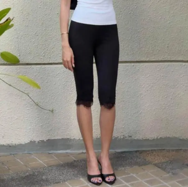 Women Mid High Waist Capri Leggings, Solid Black Slim Fit Knee Length Pants with Lace Hem, Stretchy Spandex Casual Cropped Trousers for Daily Wear
