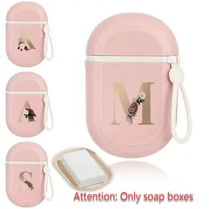 Portable Soap Box Leakproof Travel Container with Cover and Tray, Plastic Soap Dish Holder for Camping Outdoor Shower and Bathroom, Gold Letter Pattern