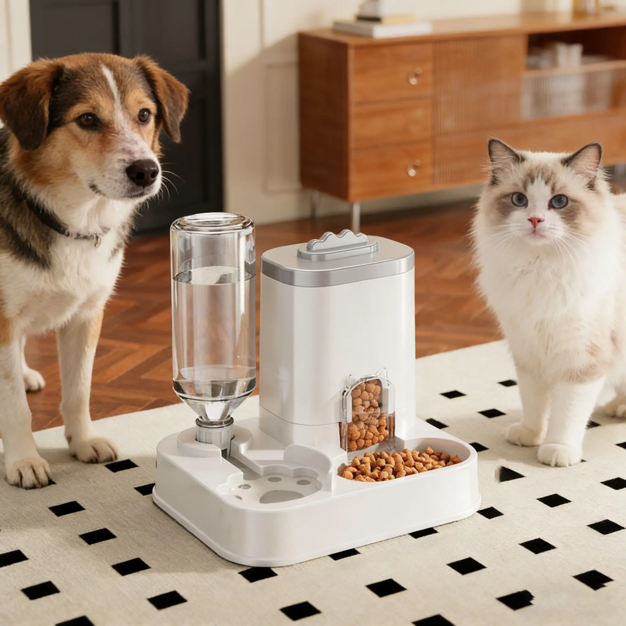 Cat Water Dispenser with Integrated Food Basin, Drinking Water Bowl, No Batteries Needed, Modern White Design for Easy Cleaning & Hydration, Suitable for small dogs, Durable Pet Hydration Solution, Sturdy Construction