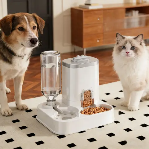 Cat Water Dispenser with Integrated Food Basin, No Batteries Needed, Modern White Design for Easy Cleaning & Hydration, Suitable for small dogs, Durable Pet Hydration Solution, Sturdy Construction, Animal Feeding Supply