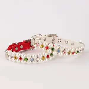 Pet square colored zircon collar leash set, wire rope bead string leash, small cat and dog imitation pearl.