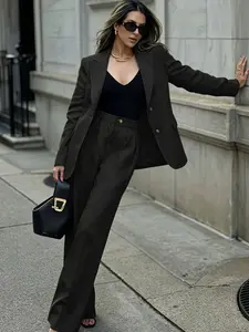 Two piece set of women's Korean style commuting suit Blazer Set with a single breasted, fitted and flip collar, fashionable and stylish commuting wide leg pants, suitable for all seasons, vacations, indoor and outdoor wear