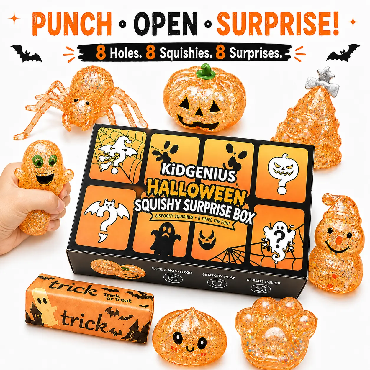 KIDGENIUS 8-Pack Halloween & Christmas Glitter Mystery Squishy Surprise Box, Spooky Stress Relief Squeeze Toys, Sensory Fidget Kids' Party Favors, Goodie Bag Stuffers, Satisfying Squishy