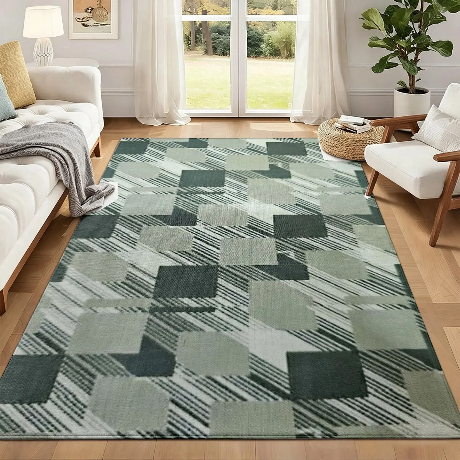 Sage Green Abstract Area Rug with Foldable Low Pile, Machine Washable Soft Plush Carpet and Durable Non-Slip Backing, Versatile Floor Covering for Living Room Bedroom Office and Dining Room Decor (Boho Abstract Home Decor)