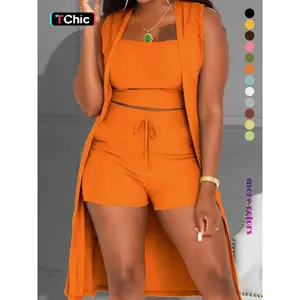 Women's Solid Ribbed Co-ord Set, Casual Crop Tank Top & Drawstring Waist Shorts & Vest Coat Set for Daily Wear, Summer Clothes, Women's Clothing