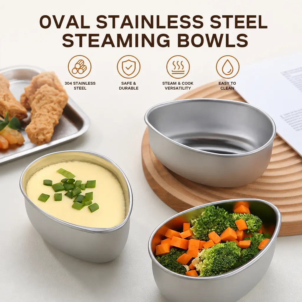 1 Count, 304 Stainless Steel Egg Shaped Steaming Bowl, Multi-purpose Kitchen Container for Steaming Baking and Freezing Food