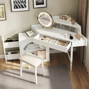 OPUL Corner Makeup Vanity Desk With Mirror & LED Lights, Modern Vanity Set With Mirror And Stool, Dressing Table With Large Storage For Small Place Bedroom Dorm, Space-Saving Brightness Adjustable Folding Mirror, White
