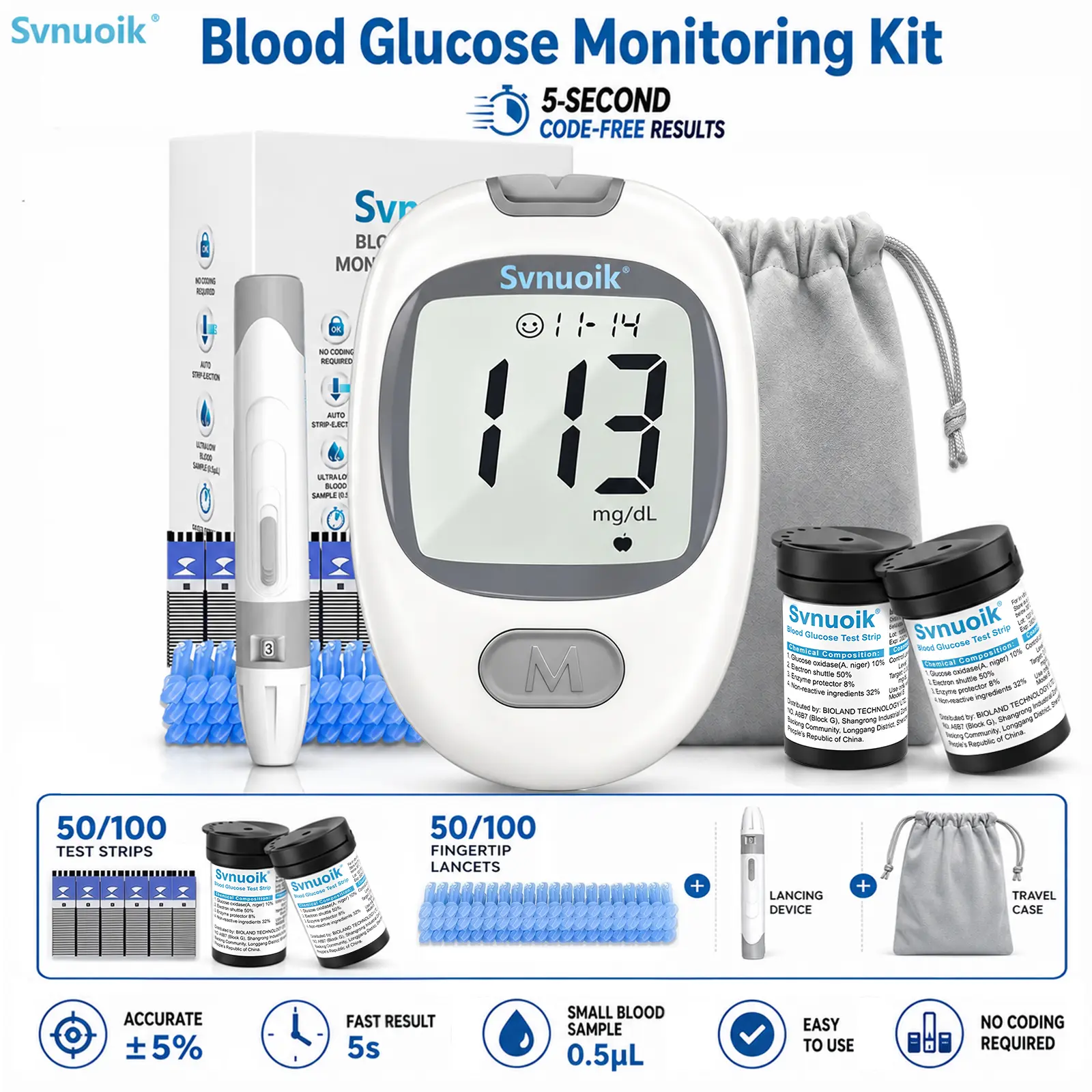 Blood glucose monitoring kit (for diabetes)—1 device, 50/100 test strips, 50/100 fingertip lancets, lancing device, travel storage case, and 5-second rapid, code-free medical test results, 50/100 test strips, 50/100 fingertip lancets, 1 device