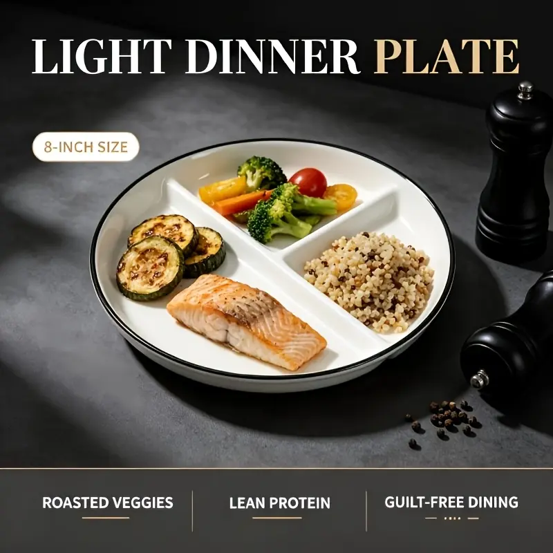 8-Inch divided ceramic plate, 3-grid ration plate, black-edged round plate tray, suitable for food preparation, can be used in microwave oven and dishwasher, 2/4 pieces optional